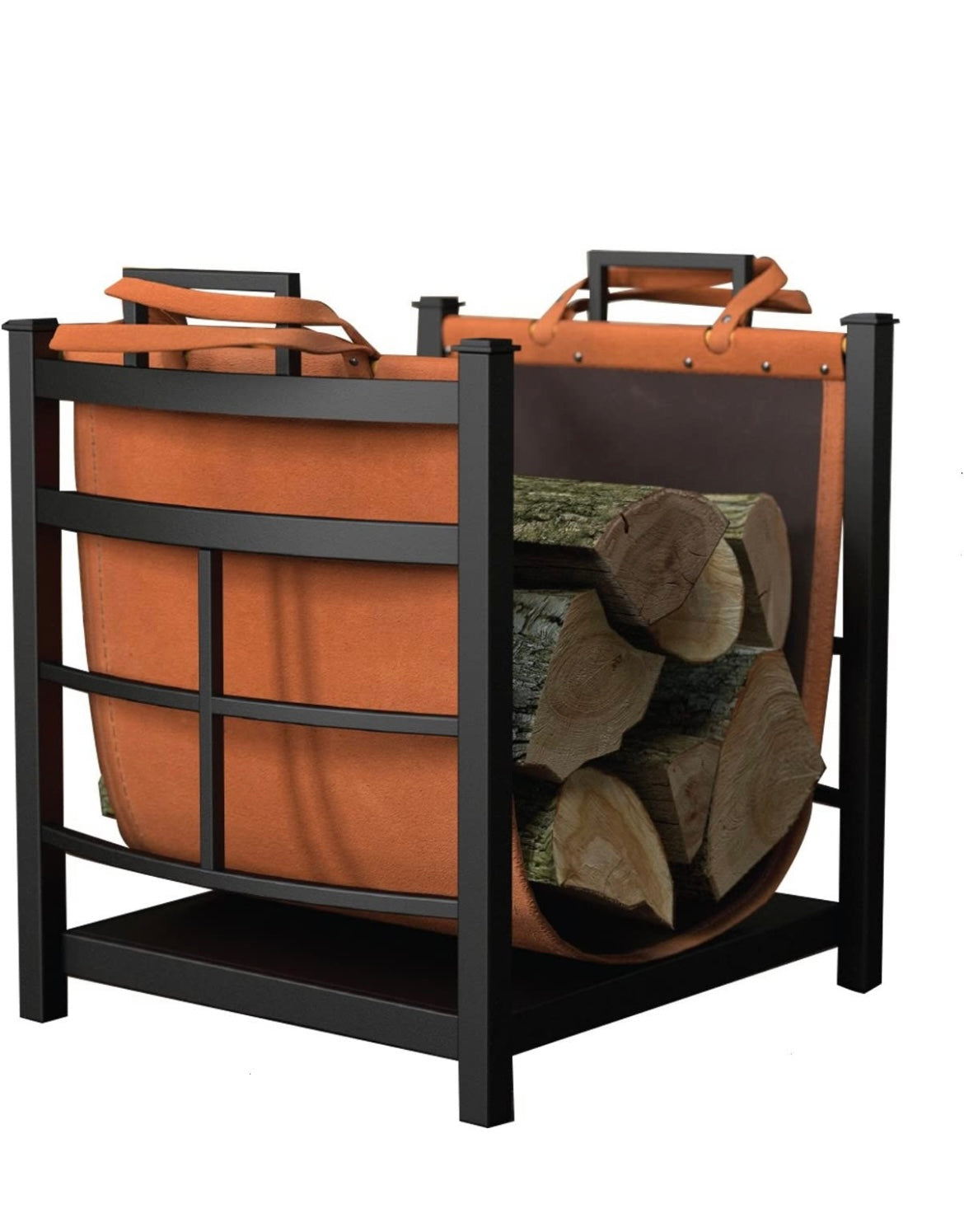 Fireplace Log Bin with Leather Carrier